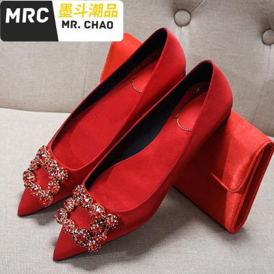 婚纱鞋秀禾红色绸缎新款彩钻尖头平底孕妇新娘伴娘低跟色女单鞋墨斗潮品休闲鞋