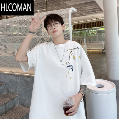 HLCOMAN白色短袖t恤男款夏季2024新款潮牌宽松大码圆领半截袖