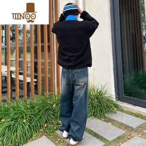 YANXU美式复古cleanfit牛仔裤水洗深蓝色男宽松街头街舞滑板直筒裤加长