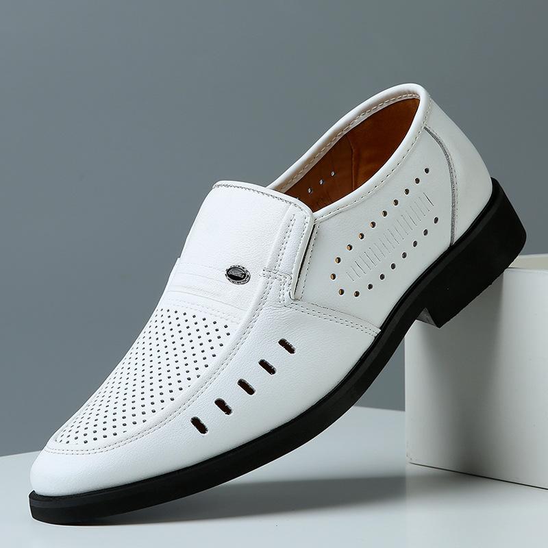 大码男鞋夏季透气镂空特大码鞋子男士真皮白色皮凉鞋商务47码凉鞋
