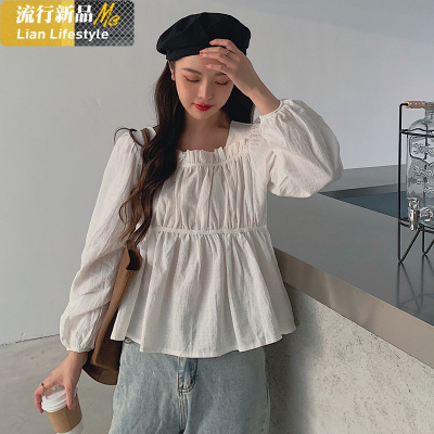 恋名媛大码胖mm衬衫女春秋遮肚显瘦微胖妹妹韩版百搭方领收腰设计感上衣大码女装