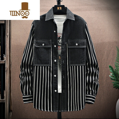 YANXU条纹牛仔外套男士潮牌工装宽松夹克中学生潮流黑色长袖衬衫