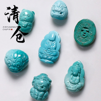 [清仓捡漏]原矿湖北十堰绿松石雕刻珠无相背云老虎隔珠DIY配饰