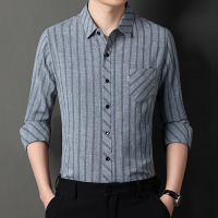 冬季新款棉麻长袖衬衫男翻领条纹免烫衬衣中青年男士加绒口袋上衣