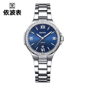 依波表EBOHR自动机械女表不锈钢蝴蝶扣日历显示50米防水人工蓝宝石玻璃表镜 优雅蓝36591328