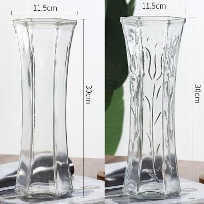 三维工匠加厚大号六角透明玻璃花瓶水养百合鲜花富贵竹插花瓶客厅装饰摆件30六角平光+郁金香-中等