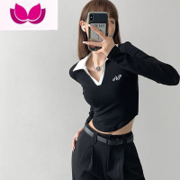 七斓冬纯欲风性感长袖翻领紧身露脐polo打底短款上衣女设计感T恤