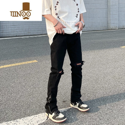 YANXU美式高街vibe风拉链开叉破洞黑色牛仔裤男ins潮牌直筒微喇长裤子