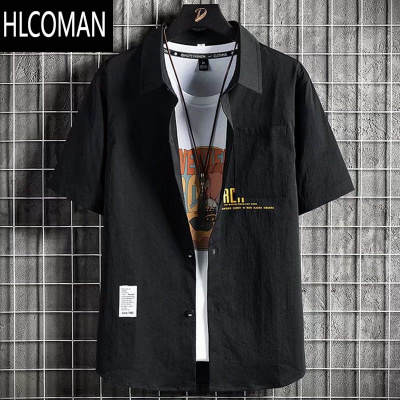 HLCOMAN工装衬衫男短袖夏季冰丝薄款休闲痞帅五分半袖衬衣宽松寸