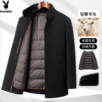 花花公子品牌高档冬装水貂毛领+可拆羽绒内胆男士羊毛呢大衣立领厚男外套