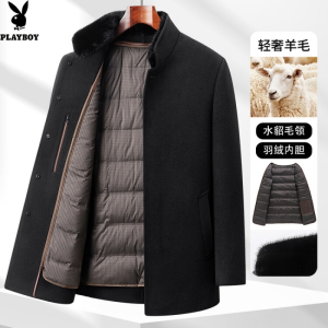 花花公子品牌高档冬装水貂毛领+可拆羽绒内胆男士羊毛呢大衣立领厚男外套