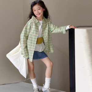 女童格子衬衫春款2026新款小女孩休闲薄外套儿童绿色长袖外穿衬衣