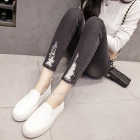 迪鲁奥(DILUAO)授权店铺加肥加大码女装破洞高腰弹力金属丝牛仔布裤女春秋胖mm200斤常规裤紧身裤