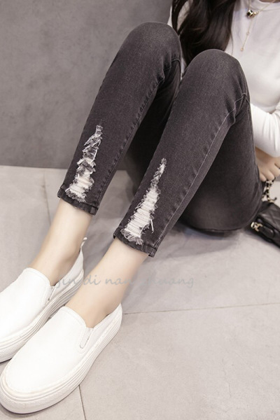 迪鲁奥(DILUAO)授权店铺加肥加大码女装破洞高腰弹力金属丝牛仔布裤女春秋胖mm200斤常规裤紧身裤