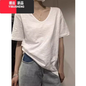 YIBUSHENG季简约百搭宽松显瘦竹节棉t恤女短袖白色v领半袖体恤上衣打底衫