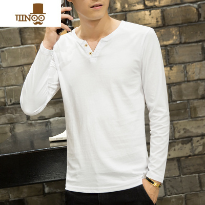 YANXU2020新款男士长袖T恤潮流男装V领体桖色棉秋衣打底衫白上衣服毛衣
