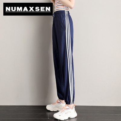 纽曼森（Numaxsen）运动裤女冰丝裤夏季薄款宝蓝色高中校服裤子三杠宽松束脚灯笼裤