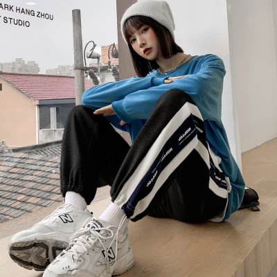 [1折价39.9元,叠加优惠券]唐狮春季侧边嵌条针织休闲运动裤女直筒宽松束脚卫裤