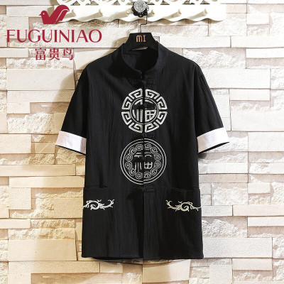 富贵鸟刺绣男士T恤夏季薄款男装中国风亚麻大码胖子半袖夏天2021短袖上衣服