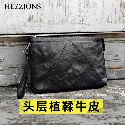赫泽琼斯HEZZJONS正品休闲男士手包进口意大利牛皮手腕包青年商务潮流软皮手拿包真皮个性手抓包黑色
