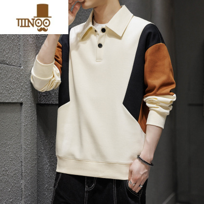 YANXU港风拼接翻领卫衣男士新款撞色宽松潮牌痞帅休闲男生上衣服