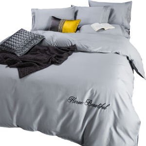 美帮汇床单四件套简约现代全棉全棉被套欧式 60支长绒棉酒店床笠灰色男