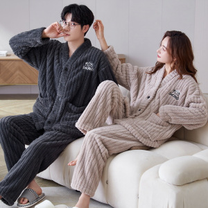 情侣和服珊瑚绒睡衣女士秋冬季居家加厚保暖法兰绒家居服套装男士