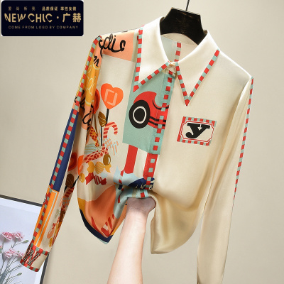 广赫高级感衬衫女设计感气质长袖新款雪纺精致慵懒风欧洲站印花上衣衬衫