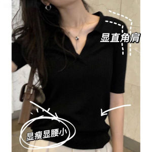 含棉POLO领短袖夏季新款高级感修身小个子别致锁骨甜辣妹上衣女潮