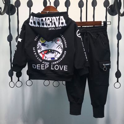 珂卡慕(KEKAMU)小孩子春天穿的衣服男童秋装套装2020新款洋气宝宝春衣服男孩小儿童卫衣两件套潮黑色卫衣工装裤套装90码建议身高90cm