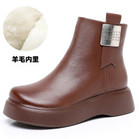 马丁靴女靴24秋冬新款欧美风牛皮羊毛里皮靴圆头厚底中筒 靴棉靴