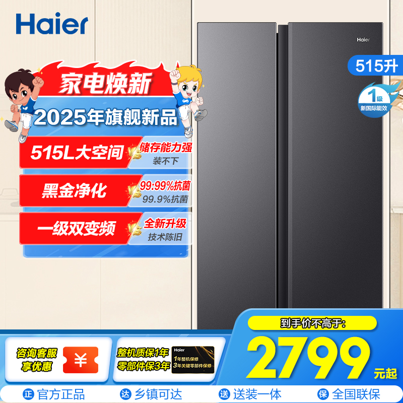 海尔(Haier)515升对开门超薄双门冰箱大冷冻 黑金净化 一级双变频 风冷无霜BCD-515WLHSSEDS9