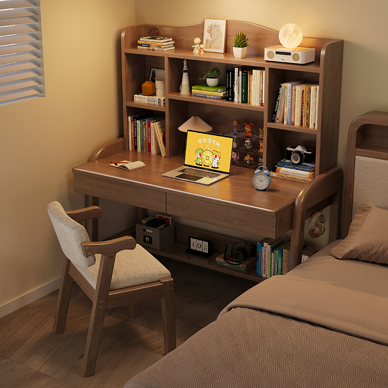 实木儿童学习桌可升降书桌书架一体家用学生写字桌电脑桌卧室书房