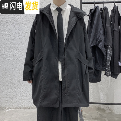HLCOMAN痞帅风衣男韩版潮流中长款宽松帅气休闲夹克披风工装外套春季潮牌风衣
