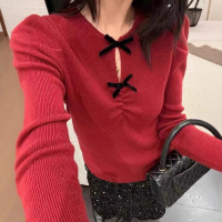 法式高级感蝴蝶结针织打底衫女秋冬新款气质学生长袖毛衣上衣