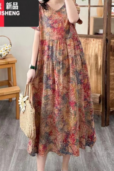 YIBUSHENG季韩版连衣裙显瘦气质时尚印花休闲洋气大花连衣裙长裙
