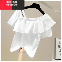 YIBUSHENG2024季女士t恤短袖金属链条洋气宽松荷叶边新款上衣时尚百搭潮