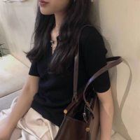 含棉POLO领短袖夏季新款高级感修身小个子别致锁骨甜辣妹上衣女潮