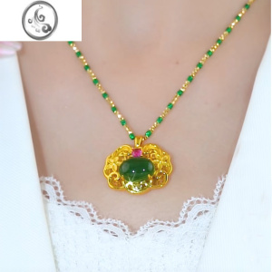 JiMi新款如意平安锁吊坠女银银项链金镶和田碧玉长命锁项链礼物送妈妈 35号款吊坠项链