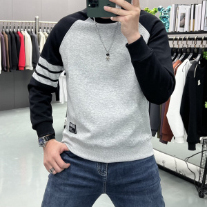 春秋新款卫衣男装织带拼接色潮流加绒加厚圆领休闲秋冬打底衫