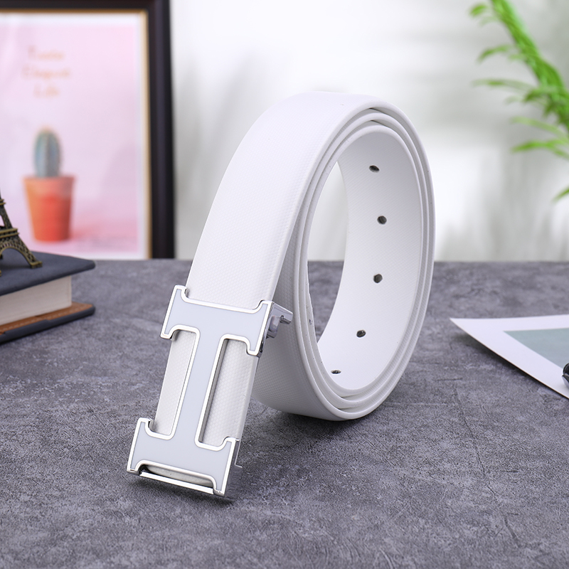 盛世尼曼白色男士皮平滑扣腰带中年裤带男韩版潮青年轻人学生皮带男