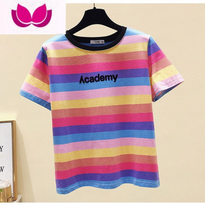 七斓网红条纹印花上衣宽松短袖t恤女2023年新款ins夏季女装潮打底衫