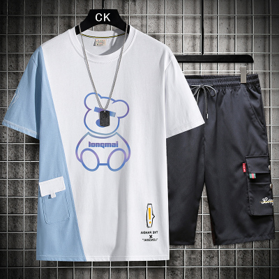 狮臣SHICHEN2021年夏季新款休闲运动套装男韩版青少年短袖五分裤套装男潮流T恤两件套男五分袖套装男装