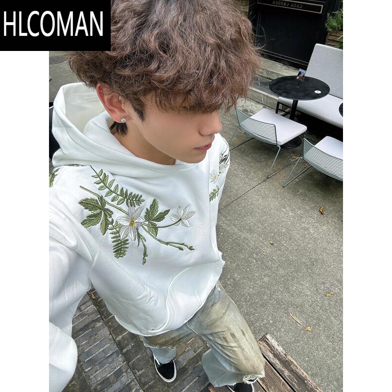 HLCOMAN美式复古刺绣连帽卫衣男潮流痞帅休闲宽松设计感小众上衣