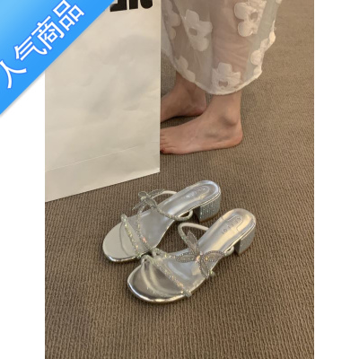 SUNTEK仙女风绝美一字带2023夏季新款时尚粗跟水钻蝴蝶结拖鞋女外穿凉鞋