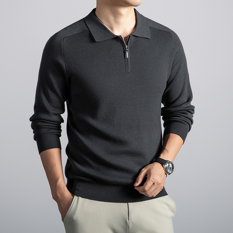 老钱风翻领男士羊毛衫秋冬新款商务通勤休闲纯色针织毛衣男