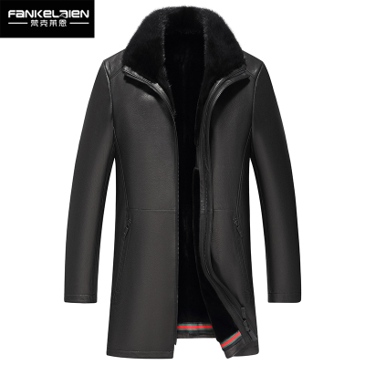 梵克莱恩真皮风衣男士中长款翻领秋冬水貂领鹿皮加绒皮衣厚外套