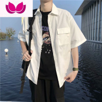 七斓咖啡色复古工装衬衫男短袖韩版纯色口袋衬衣潮流夏季五分半袖日系