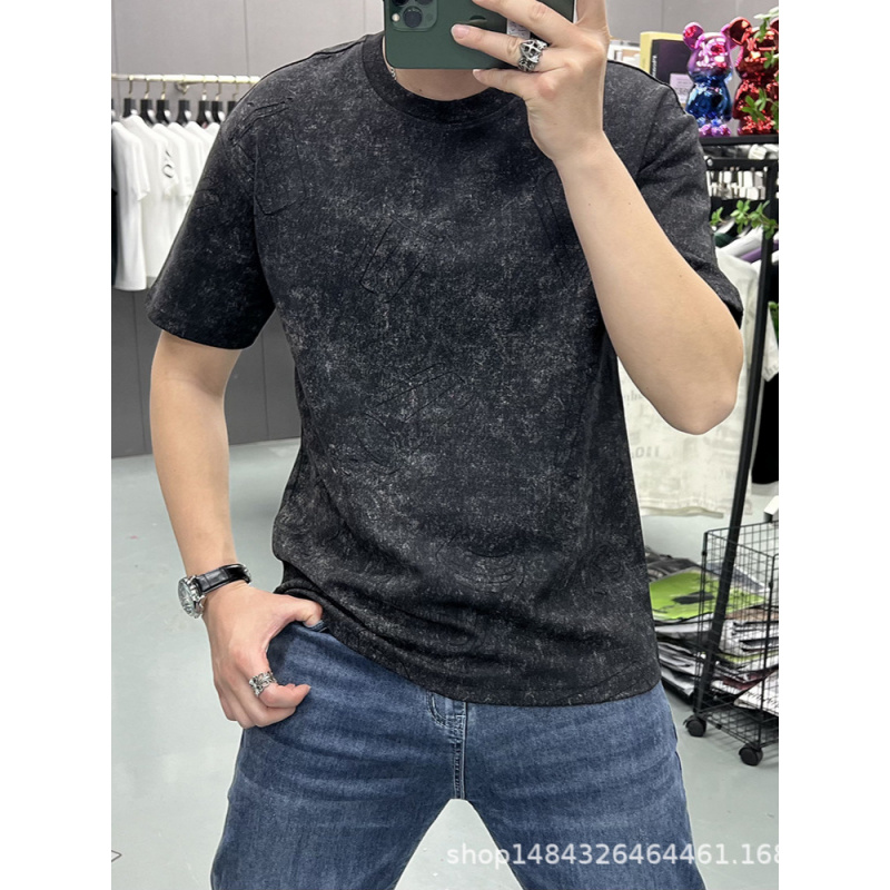 欧货痞帅潮牌质感短袖T恤男士个性设计感提花扎染圆领半袖上衣潮t