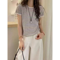 25夏季新款圆领细条纹冰丝短袖女百搭显瘦T恤针织衫上衣薄款内搭